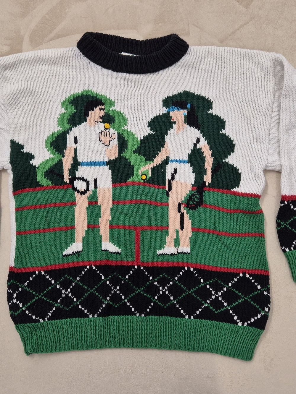 Vtg Andina Intarsia Crewneck Tennis Scene Knit Sweater Tenniscore Grandpacore